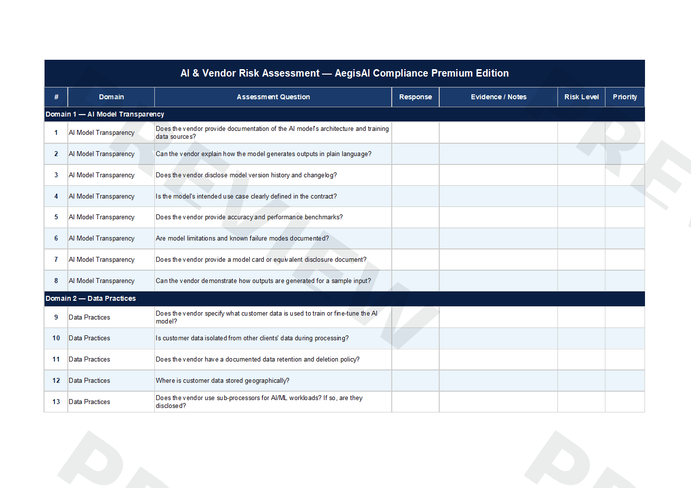 AI & Vendor Risk Assessment Workbook Due diligence questionnaire