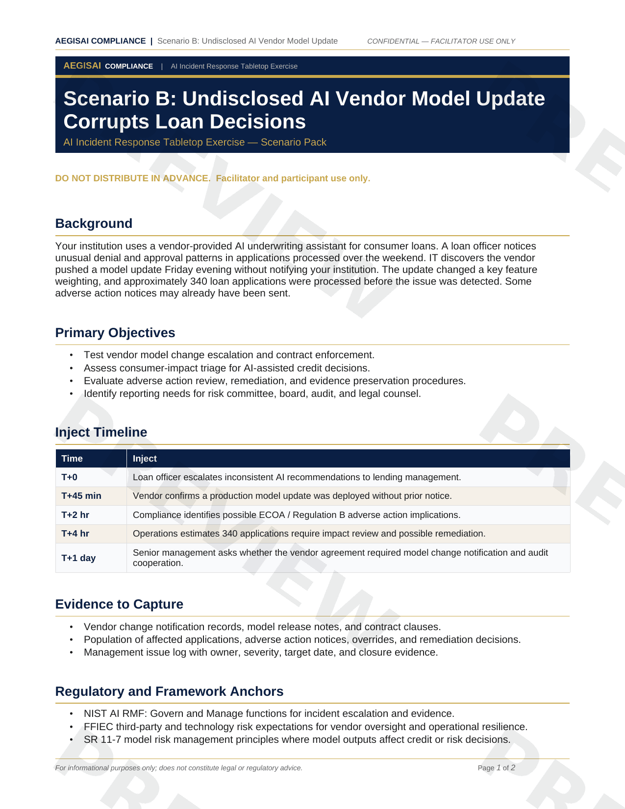 AI Incident Response Tabletop Exercise Kit Vendor model update scenario